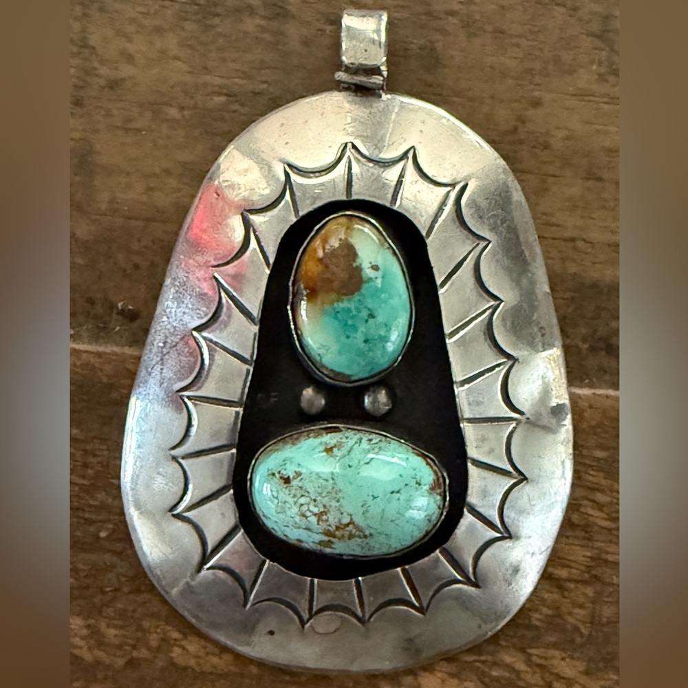 Vintage Huge Native Navajo Turquoise Sterling Silver Chunky Shadowbox Pendant